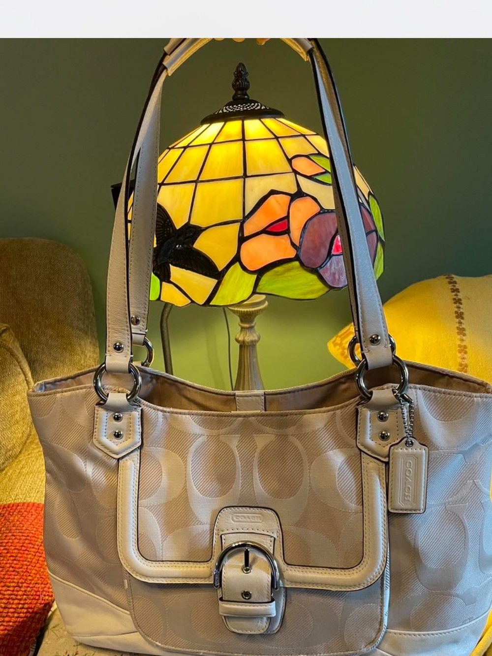 Vintage Coach Signature C Khaki Cream Canvas Tote Shoulder Bag